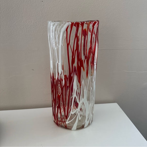Vintage Fused Glass Vase Red White Drip Art 12”